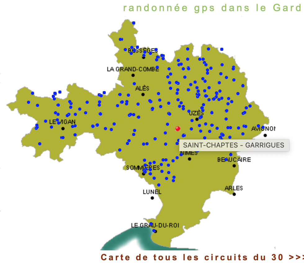 Carte de Randogps sur Saint Chaptes et le gîte Le Palmier de Mira