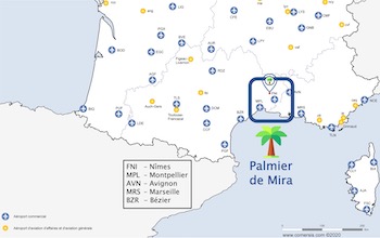 Carte des aéroports dans le sud de la France à proximité du gîte le Palmier de Mira