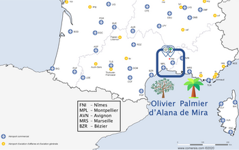 Carte des aéroports dans le sud de la France à proximité des gîtes le Palmier de Mira et l'Olivier d'Alana